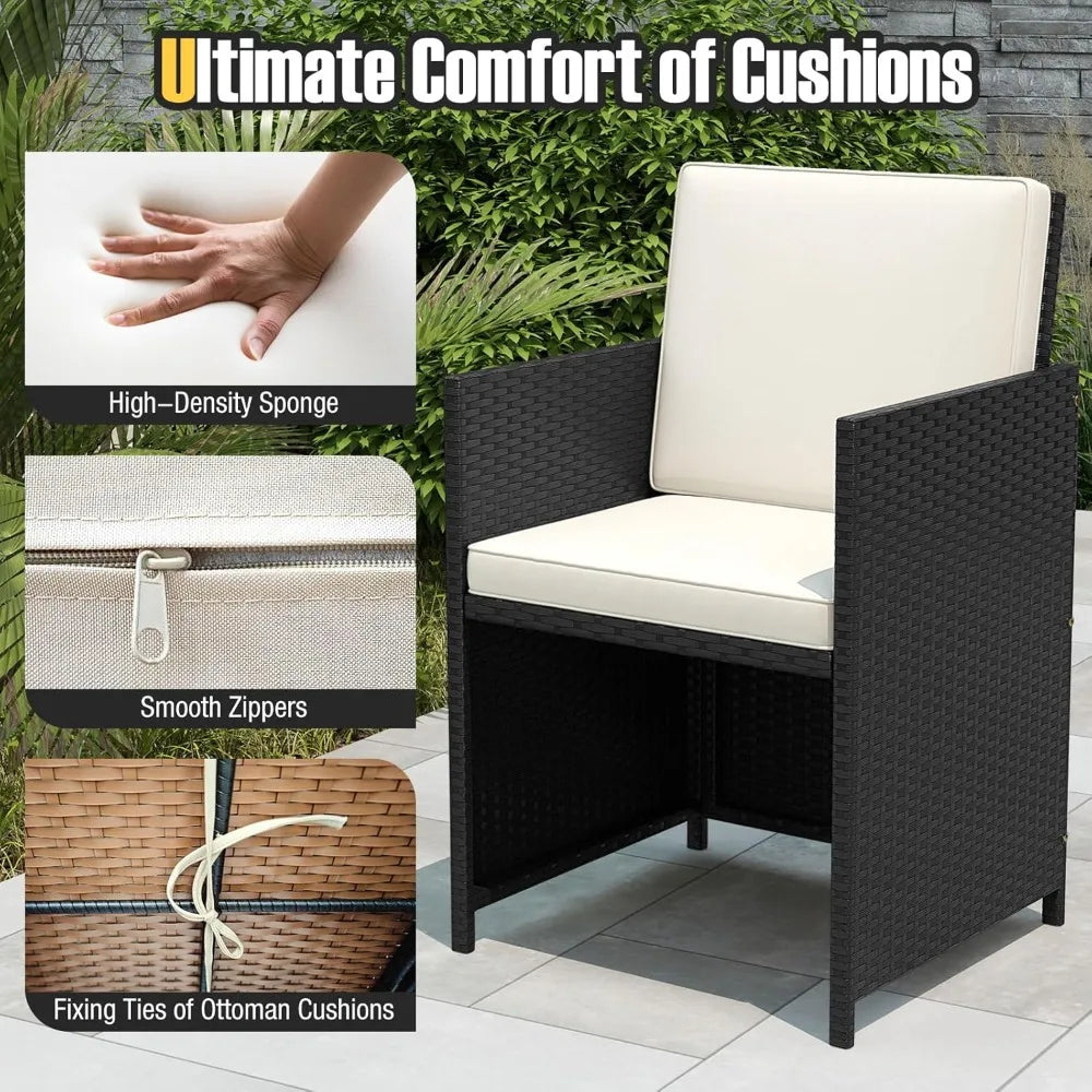 Patio Dining Set With Rattan Chairs And Tempered Glass Table And Ottoman