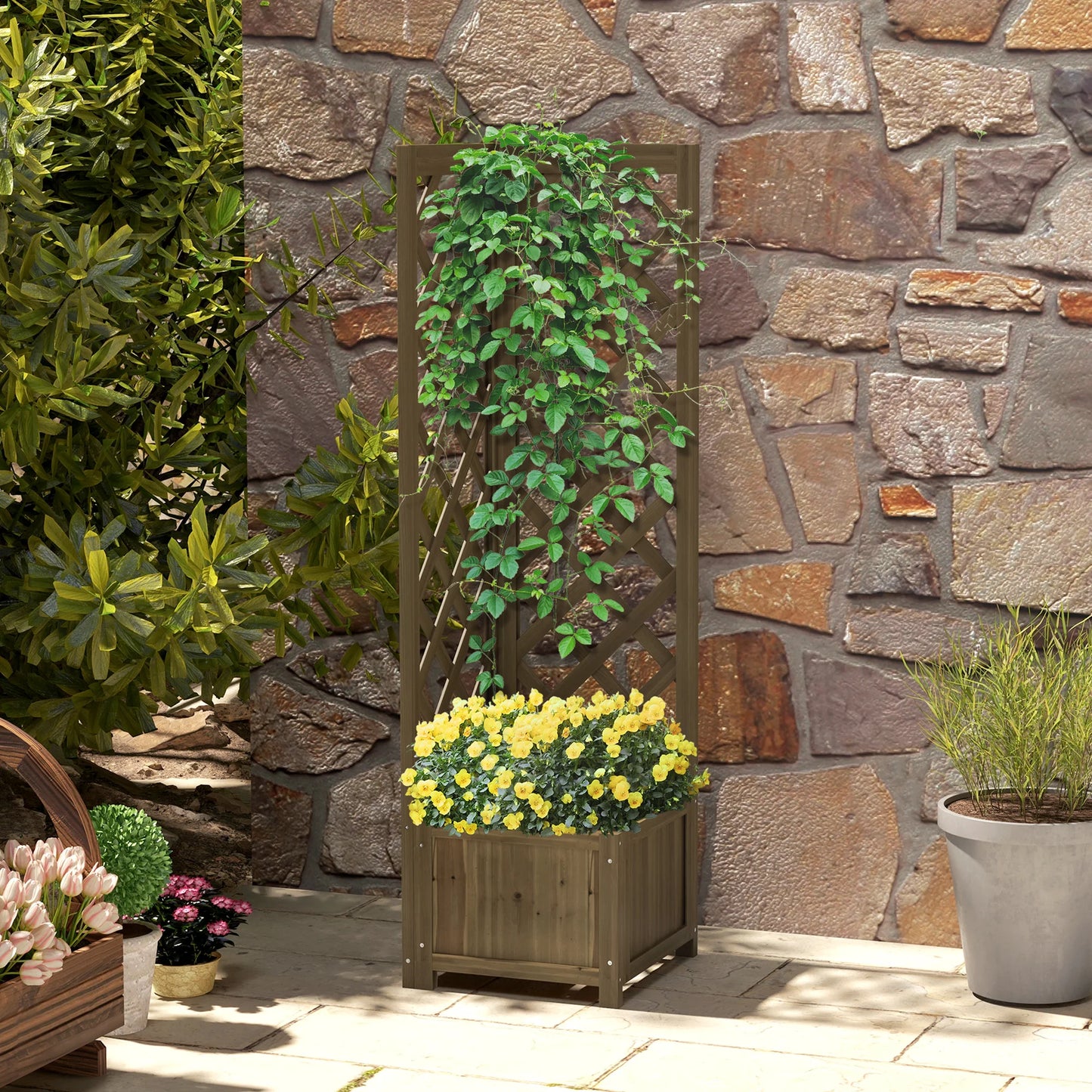 Outsunny Wooden Raised Garden Bed With Trellis For Vines