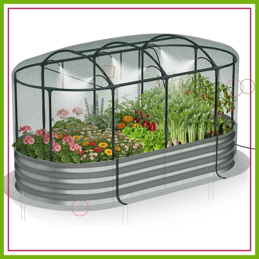 Self-Watering Raised Garden Bed With Mesh Cover Galvanized