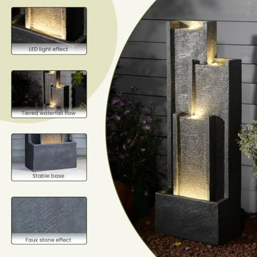 Modern Outdoor Water Fountain With Lights Resin Cascading Waterfall