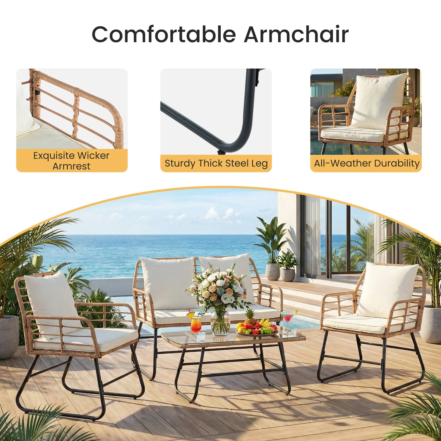 JHK Outdoor Wicker Patio Set 4 Pieces With Glass Table
