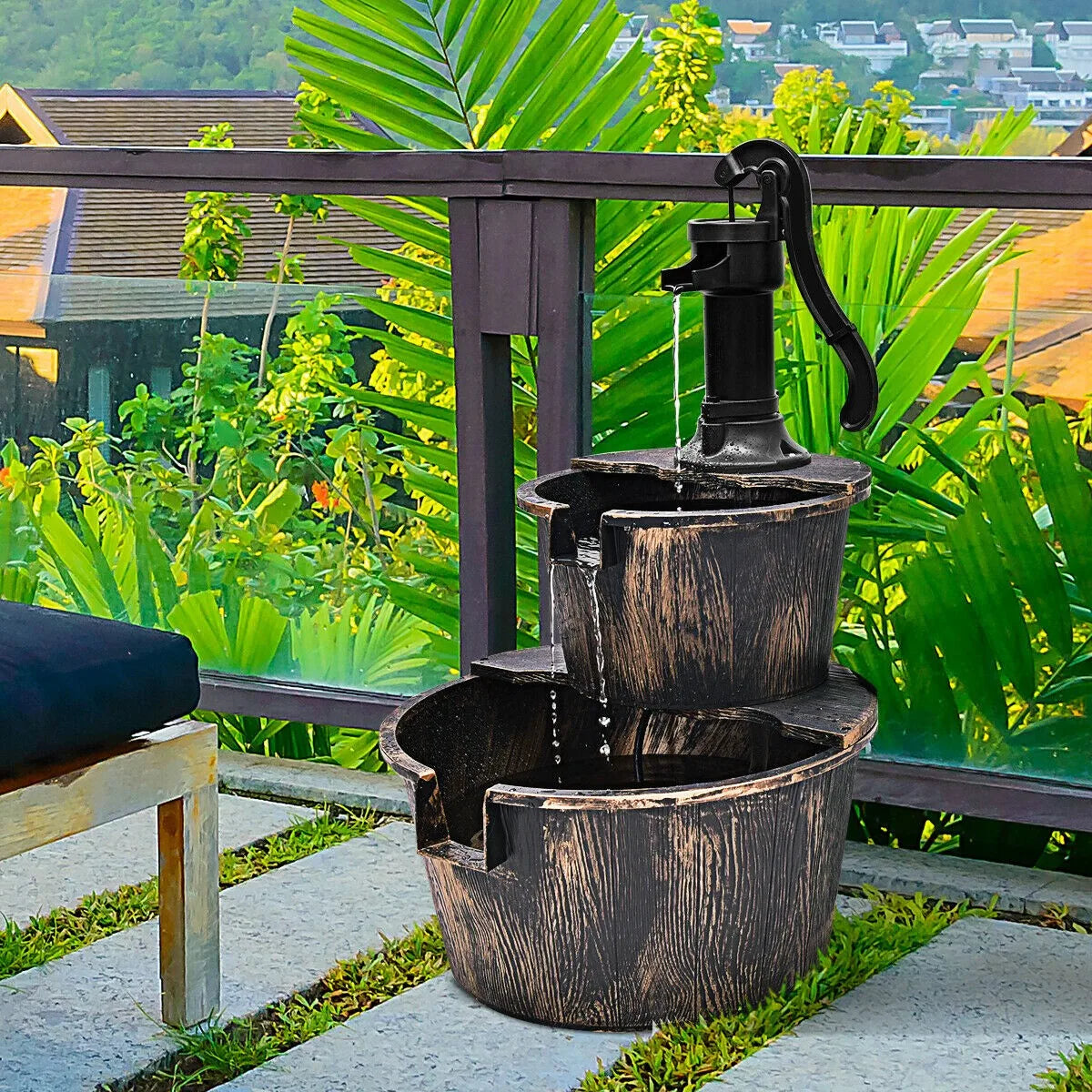 Unbrand 2 Tier Barrel Waterfall Fountain Pump For Outdoor Garden
