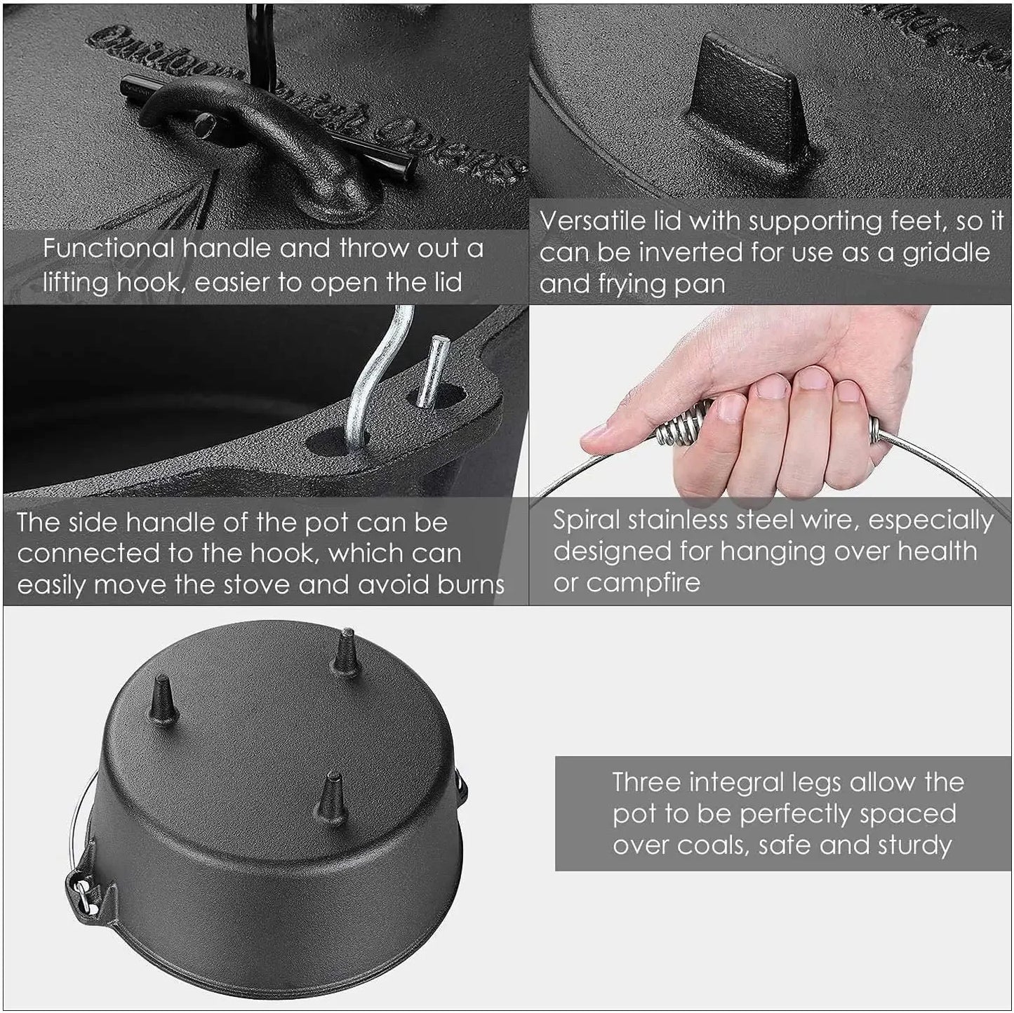 Cast Iron Dutch Oven Camping Pot Outdoor Multi-Function Cookware
