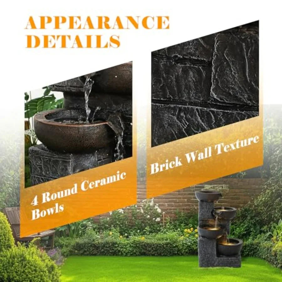 Outdoor Cascading Water Fountain With Four Tiers And LED Lights