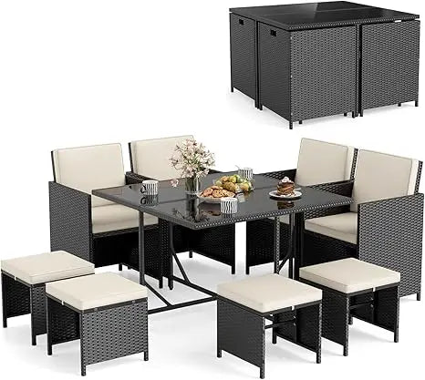 Patio Dining Set With Rattan Chairs And Tempered Glass Table And Ottoman