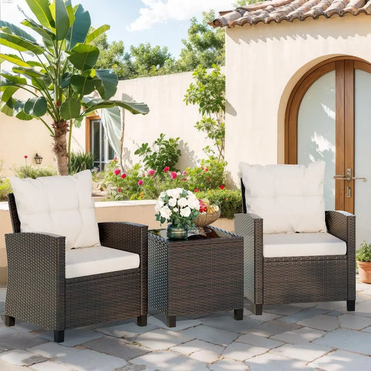 3 Piece Patio Wicker Rattan Bistro Set With Cushioned Chairs