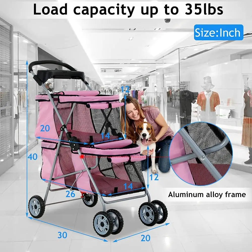 Four Wheel Pet Stroller For Small And Medium Dogs And Cats With Cup Holder