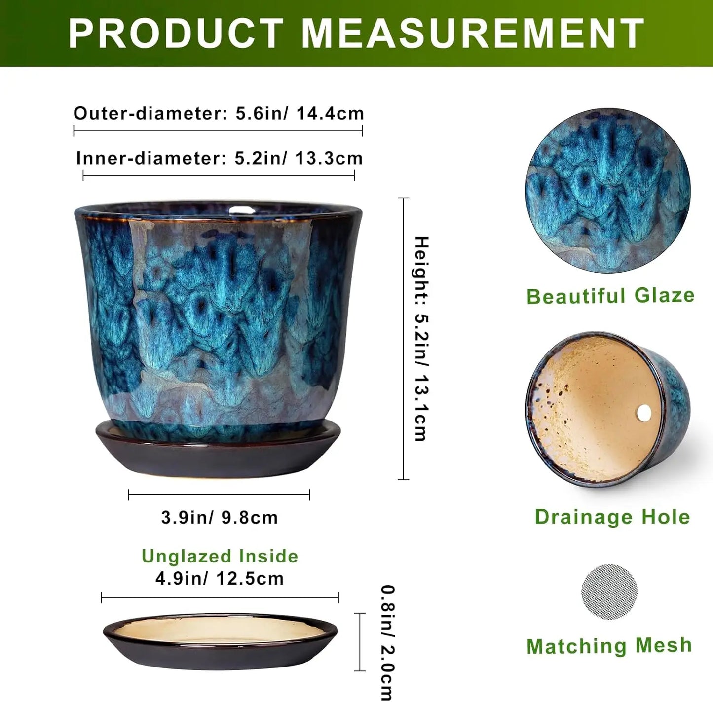 Ceramic Plant Pot With Drainage Hole And Saucer For Succulents