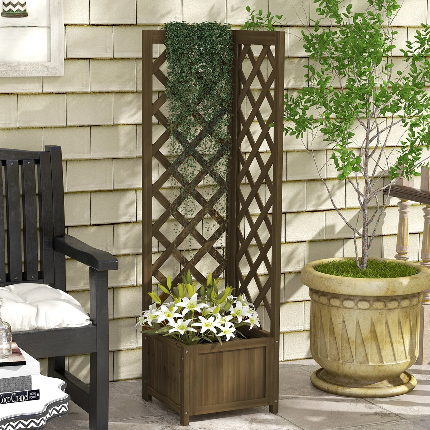 Outsunny Wooden Raised Garden Bed With Trellis For Vines