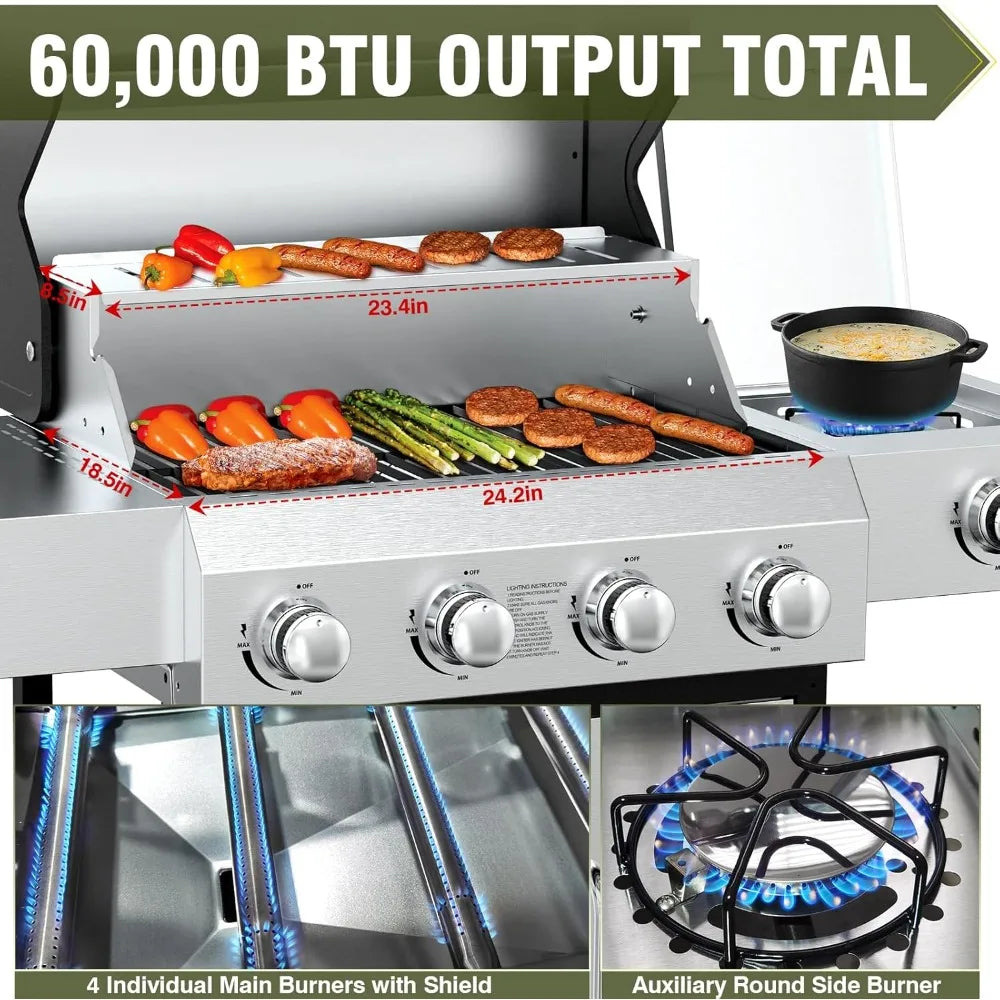 Stainless Steel Propane Gas Grill 60000 BTU Four Burners