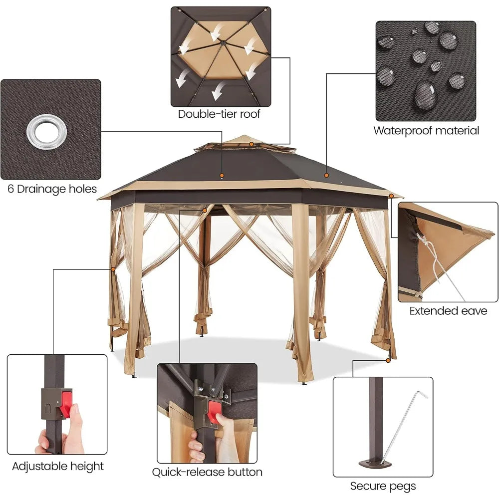 Pop Up Gazebo Hexagonal Outdoor Canopy With Double Tier Roof
