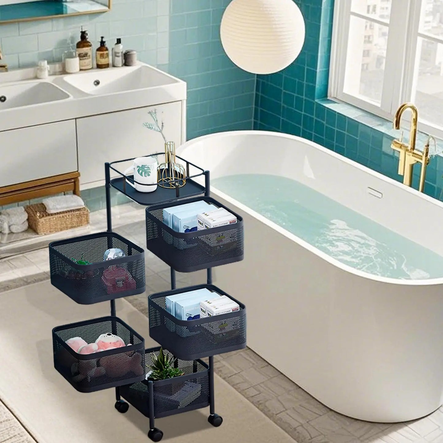 HiMISS 5-Tier Rolling Storage Cart With Rotating Baskets 360 Degree