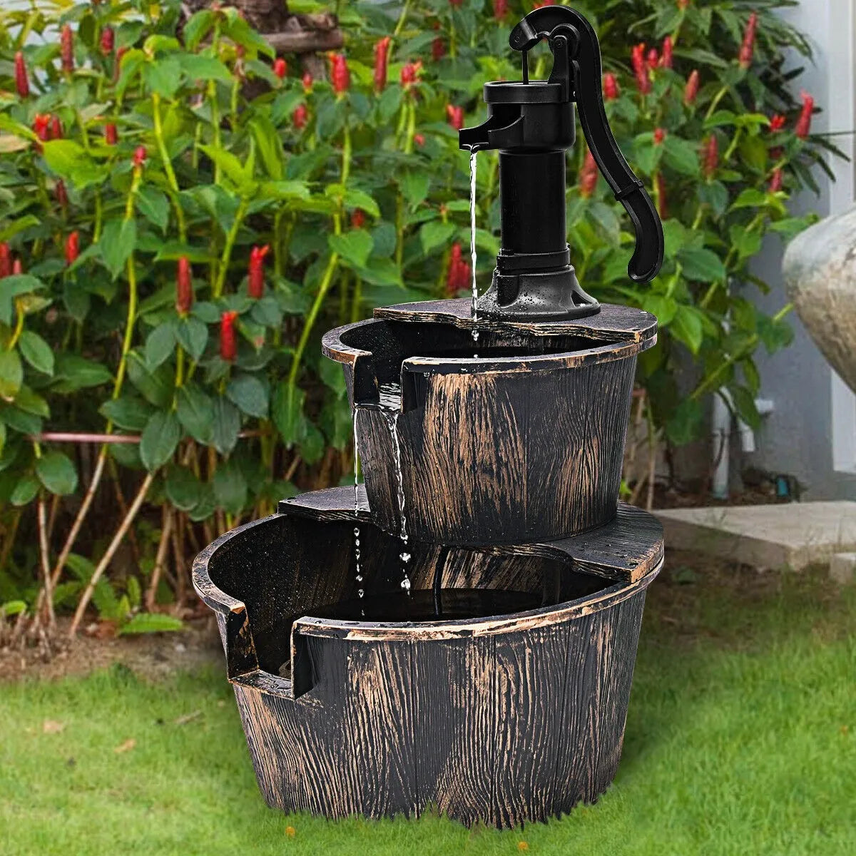 Unbrand 2 Tier Barrel Waterfall Fountain Pump For Outdoor Garden