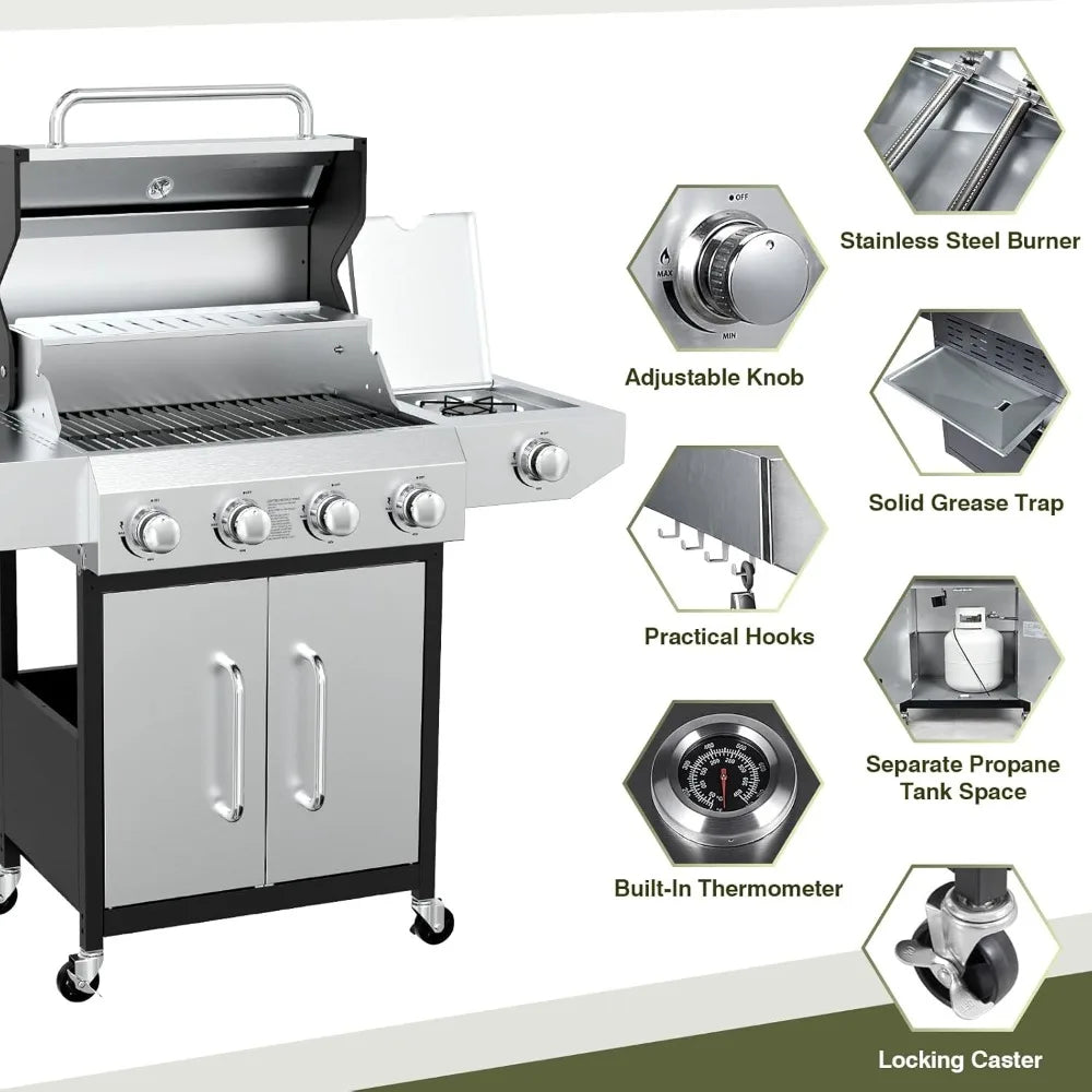 Stainless Steel Propane Gas Grill 60000 BTU Four Burners