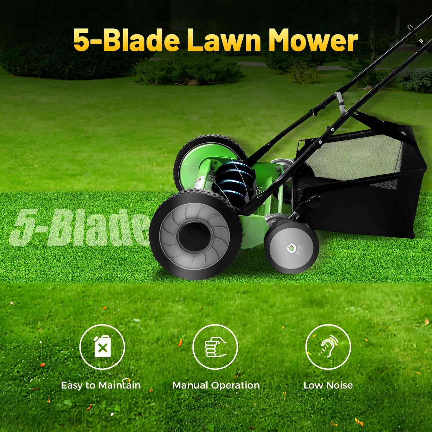 Push Reel Lawn Mower With Grass Catcher And Adjustable Height