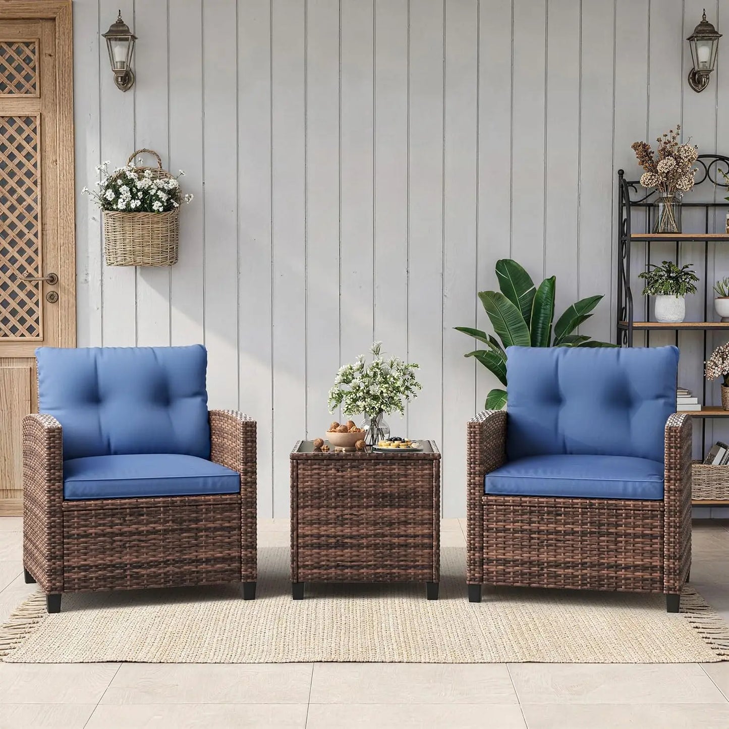 HiMISS Outdoor Patio Bistro Set Rattan Chairs And Side Table