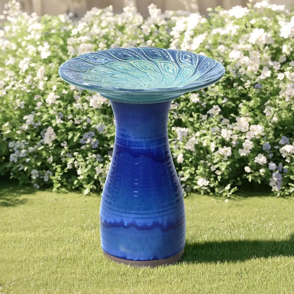 Glazed Ceramic Bird Bath for Outdoors with Pedestal