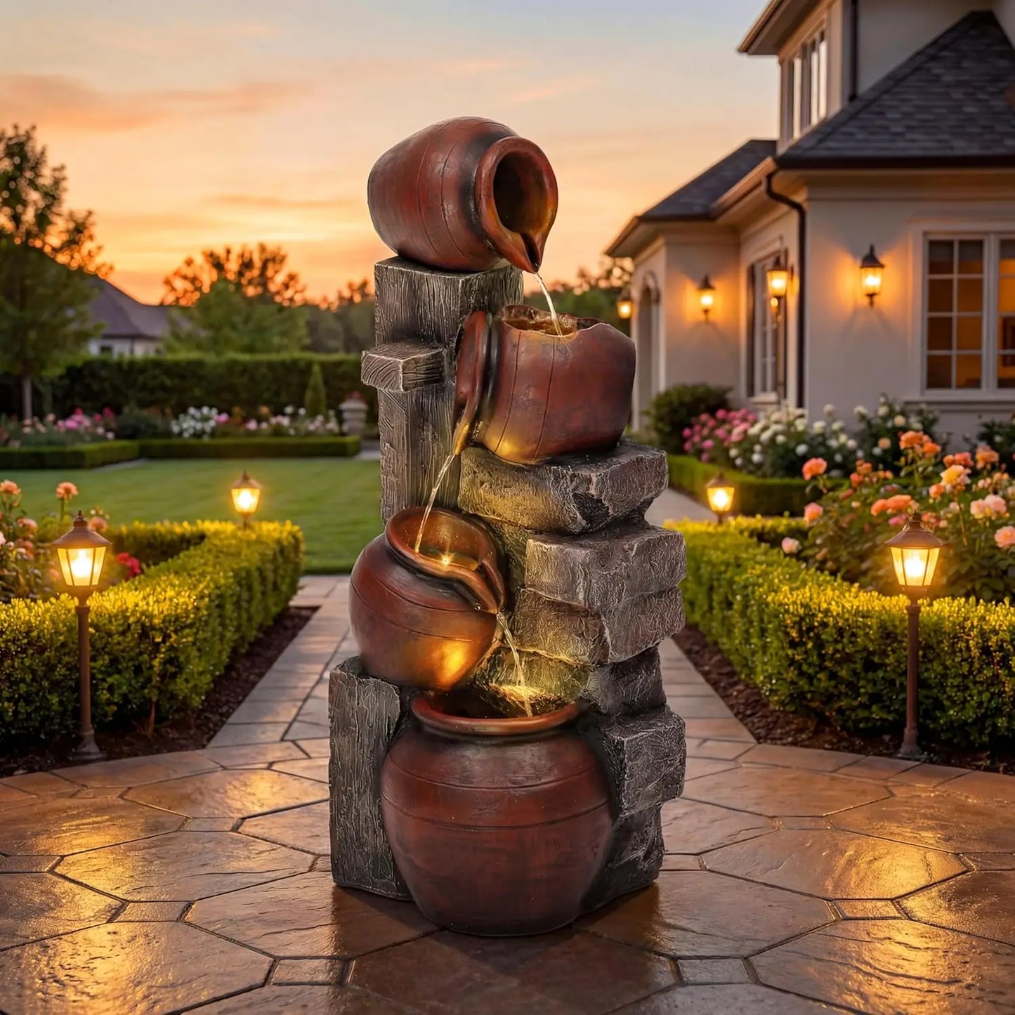 Outdoor Water Fountain With LED Lights And Pump Cascading Pitchers