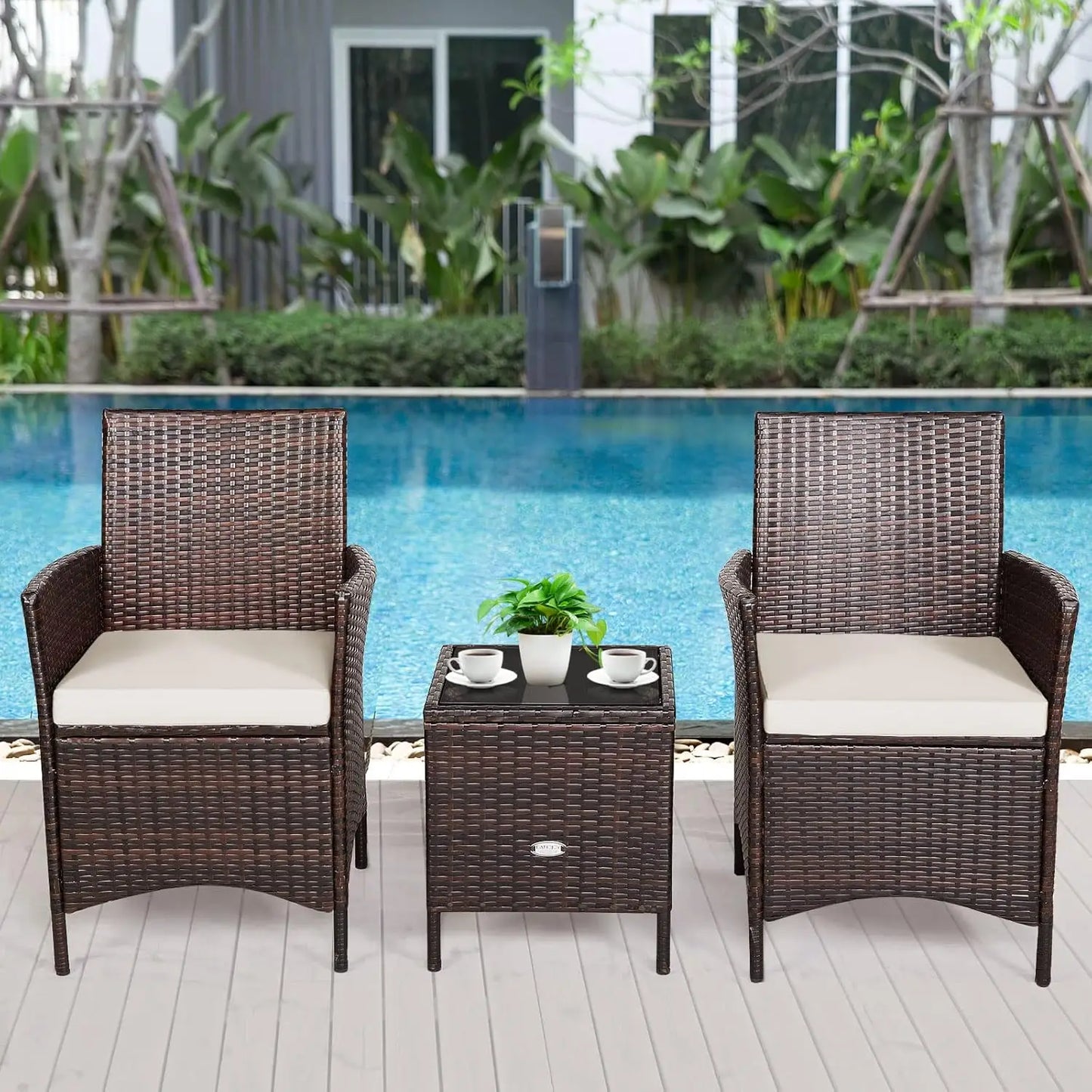 Three Piece Patio Conversation Set With Wicker Chairs