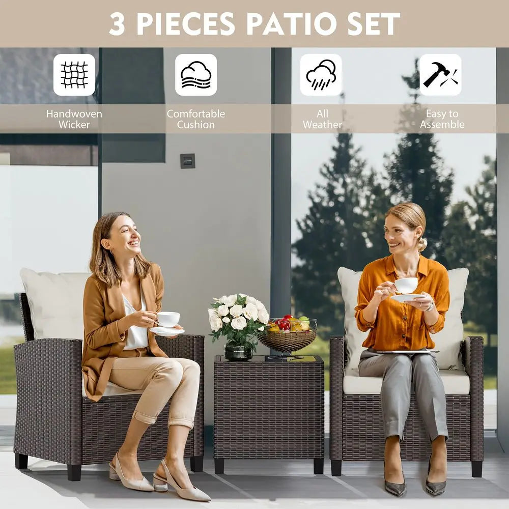 3 Piece Patio Wicker Rattan Bistro Set With Cushioned Chairs