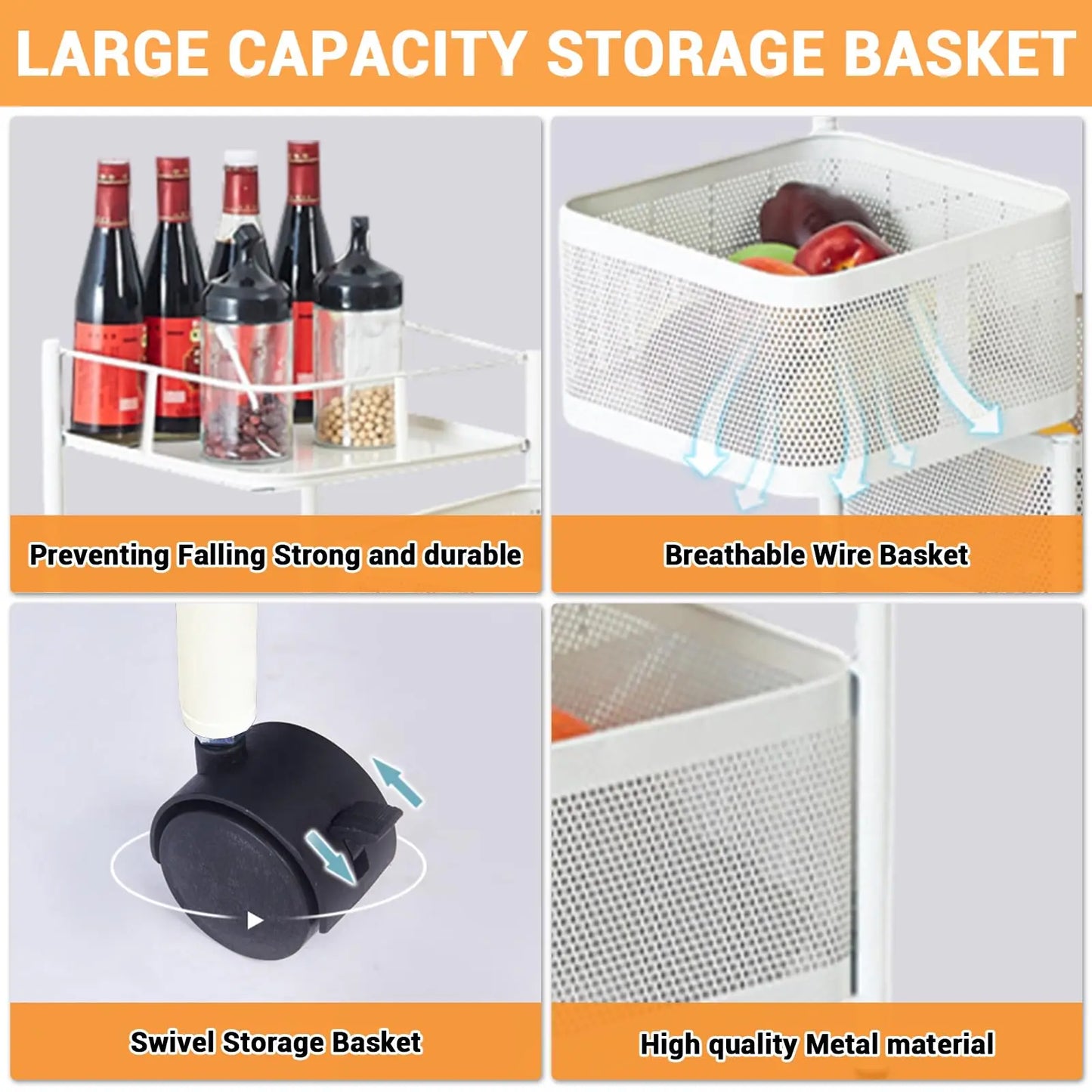 HiMISS 5-Tier Rolling Storage Cart With Rotating Baskets 360 Degree