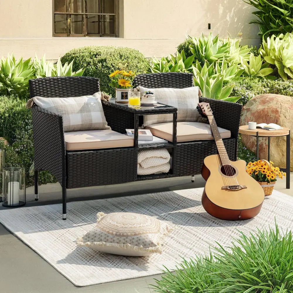 Outdoor Patio Loveseat Set With Cushions And Coffee Table