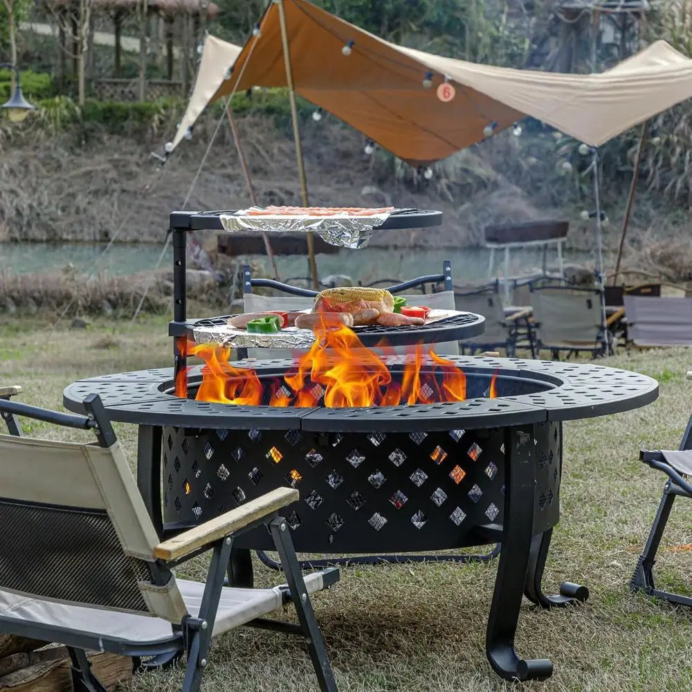 Round Metal Fire Pit With Dual Grills And Wood Burning