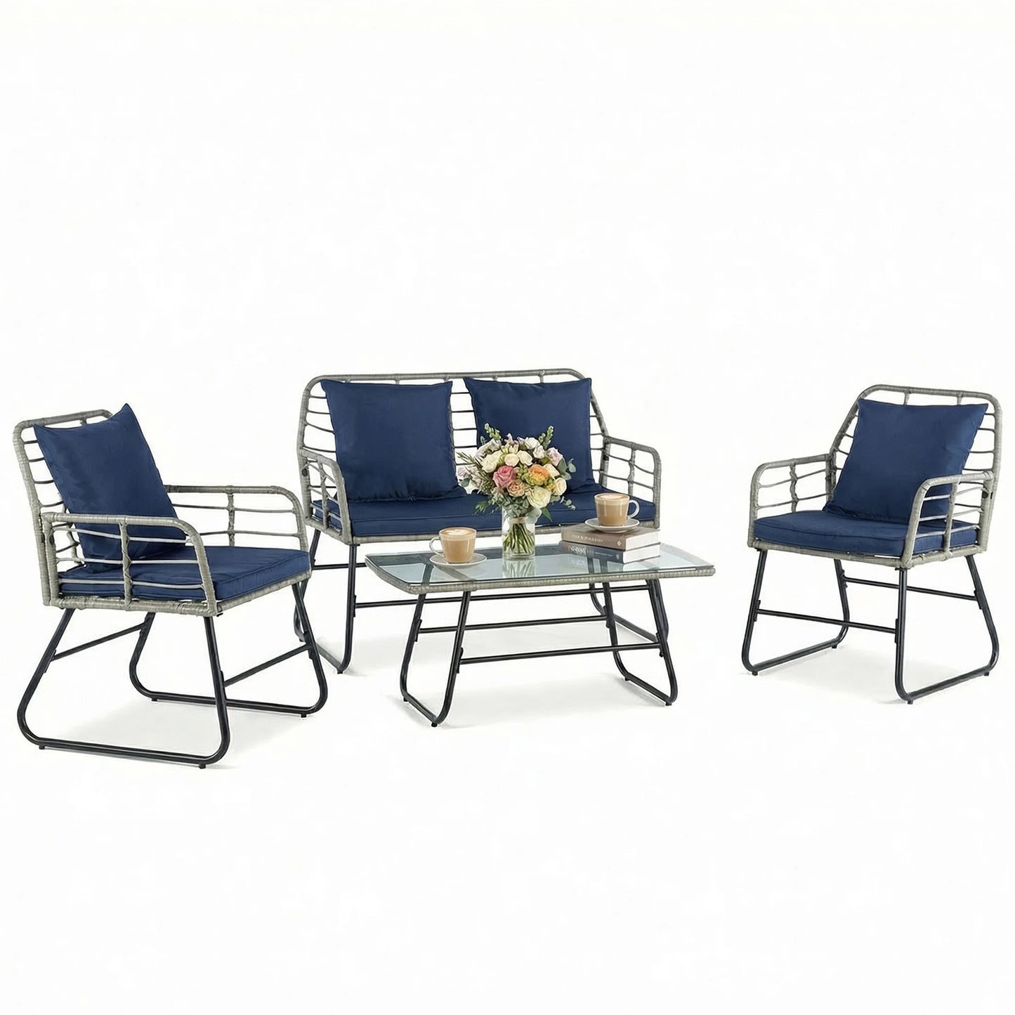 JHK Outdoor Wicker Patio Set 4 Pieces With Glass Table