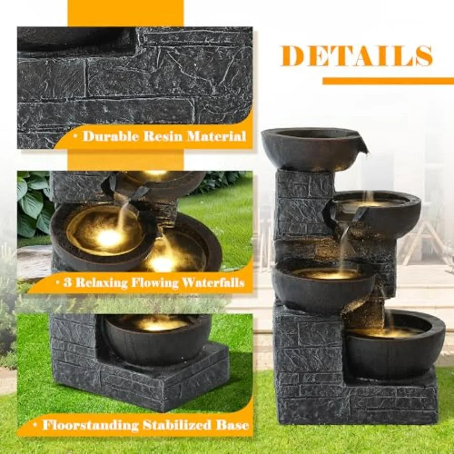 Outdoor Cascading Water Fountain With Four Tiers And LED Lights