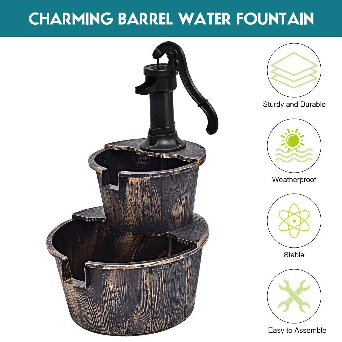 Unbrand 2 Tier Barrel Waterfall Fountain Pump For Outdoor Garden