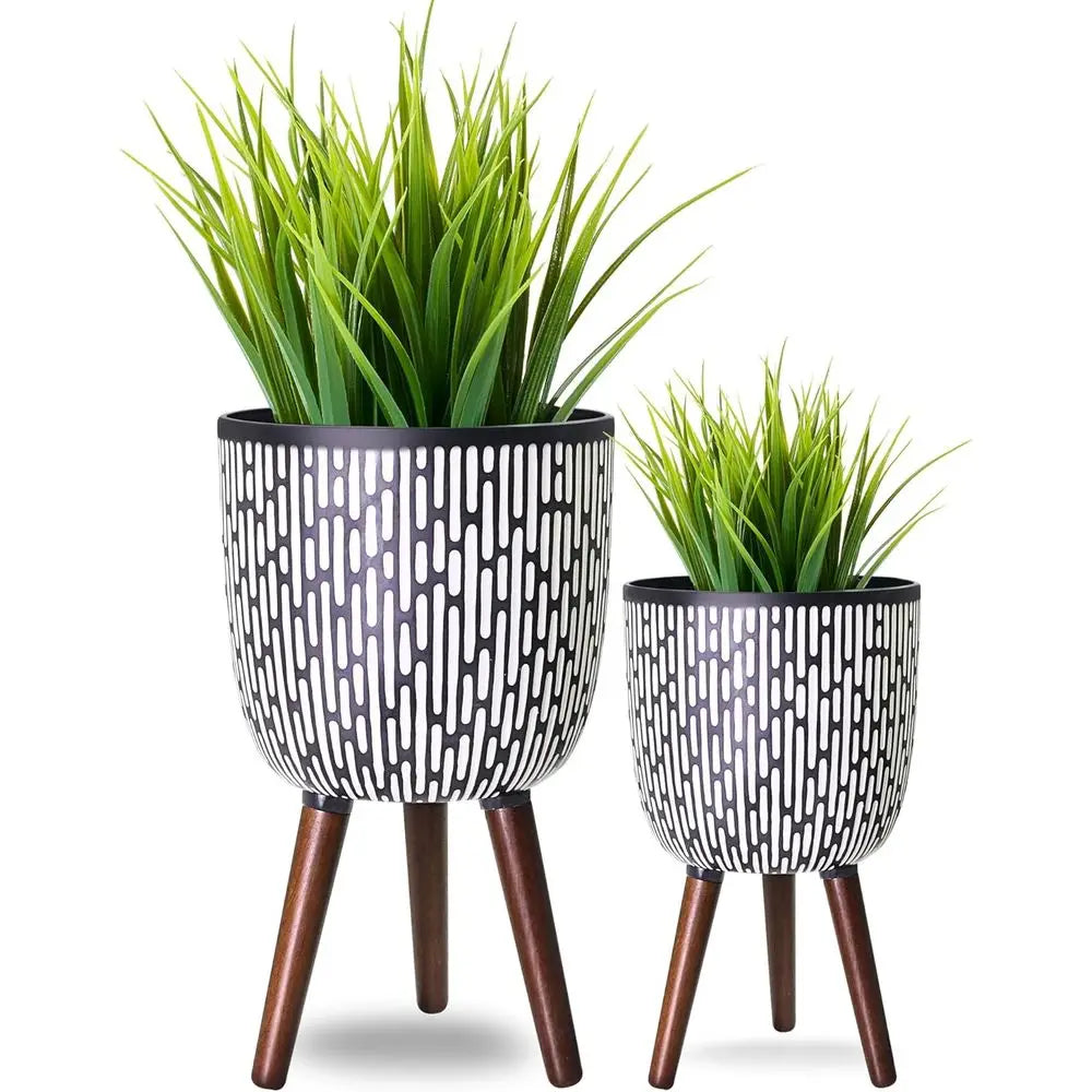 Boho Plant Pot With Stand Two Pack Elevated Planter Drainage