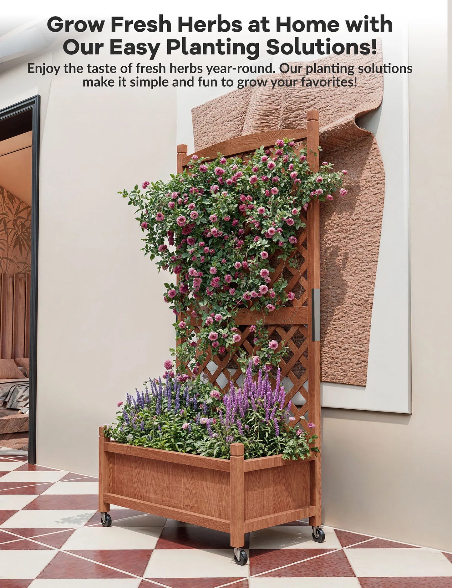 Twister.CK Wood Planter Box With Trellis Wheels Raised Garden Bed