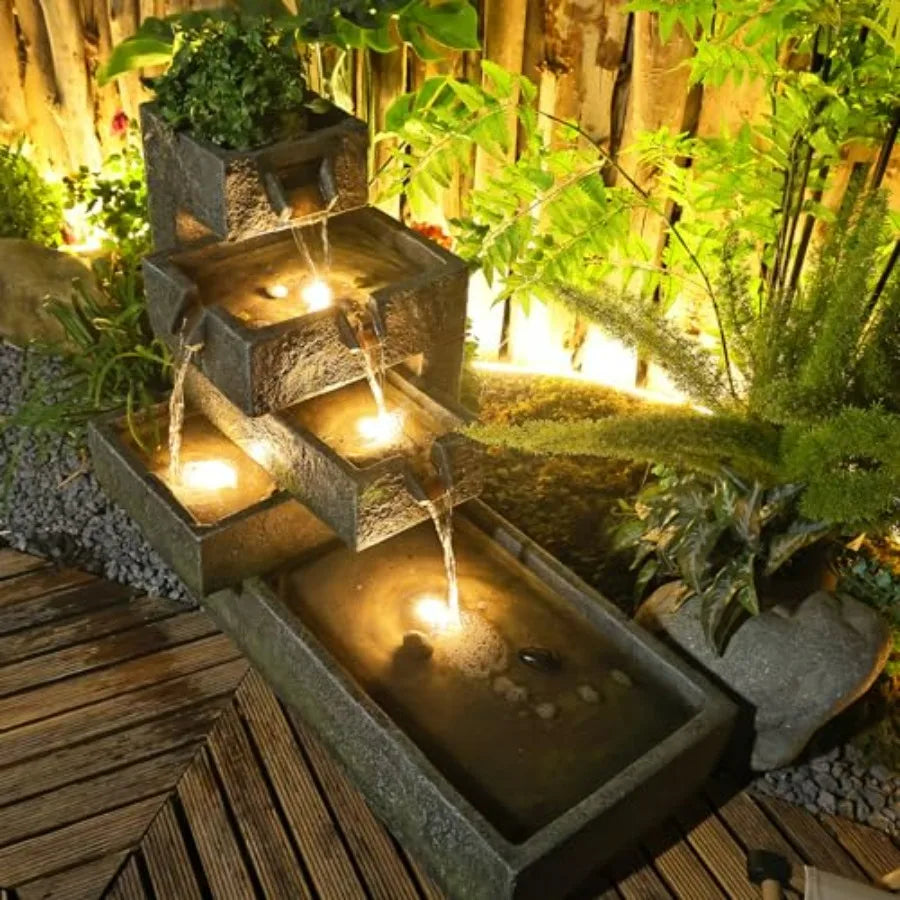 Tiered Water Fountain Outdoor Garden Cascade With LED Lighting Concrete
