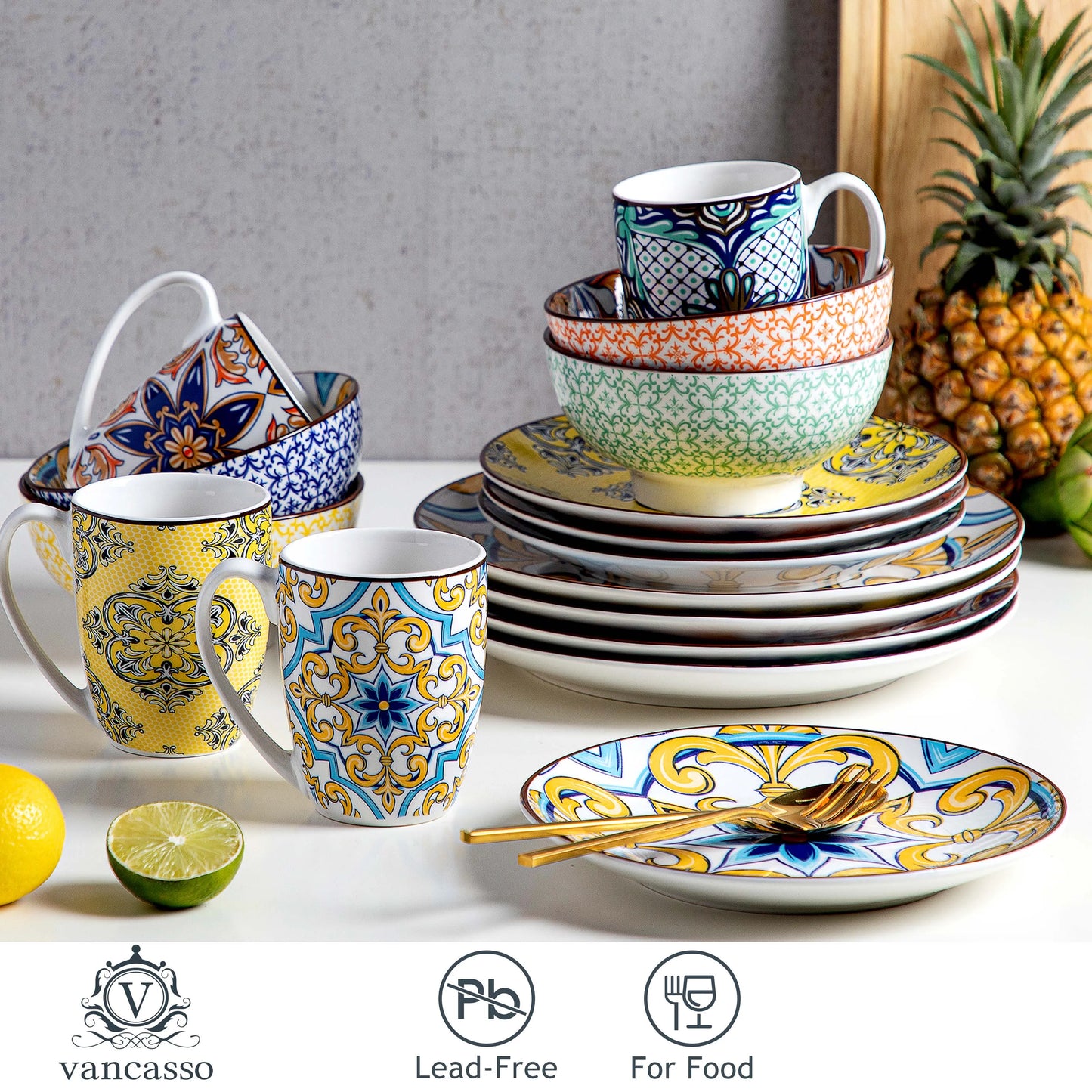 MALACASA Jasmin Pattern Porcelain Dinnerware Set With Plates Bowls Mugs