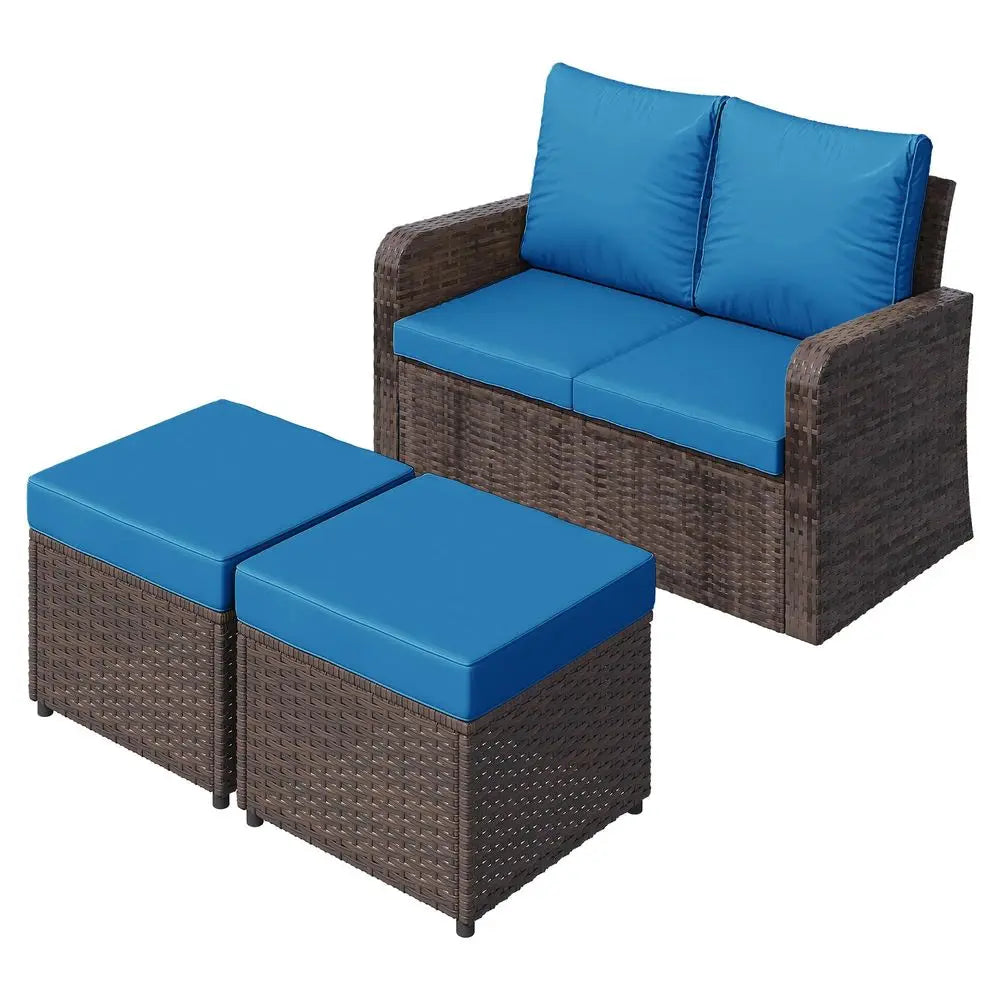 AllWeather PE Wicker Patio Loveseat Sofa With Ottoman And Cushions
