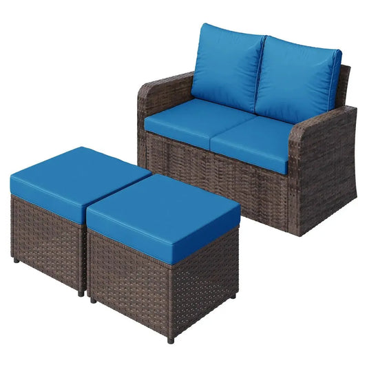 AllWeather PE Wicker Patio Loveseat Sofa With Ottoman And Cushions