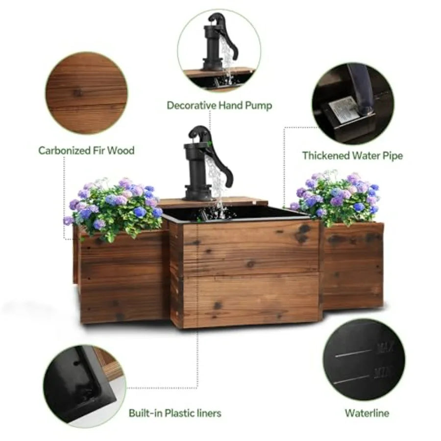 Outdoor Water Fountain With Wooden Floor Pump And Flower Box