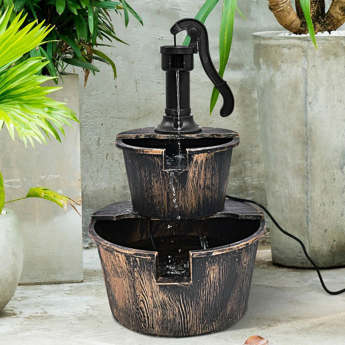 Unbrand 2 Tier Barrel Waterfall Fountain Pump For Outdoor Garden