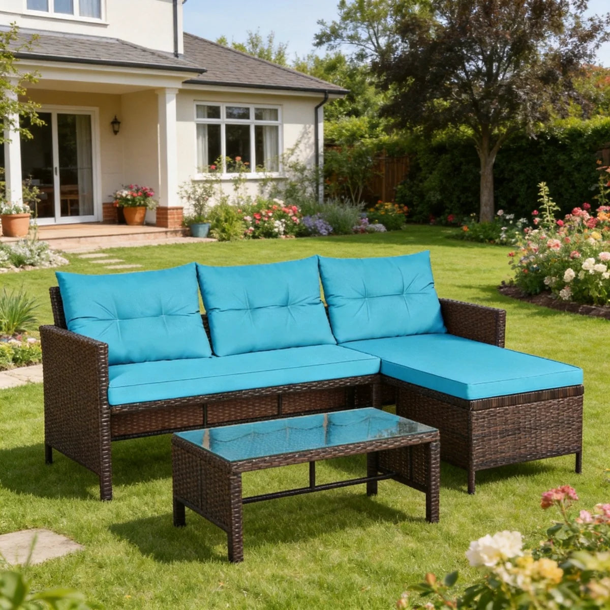 PIYRQ Outdoor Rattan Sectional Sofa Set With Coffee Table