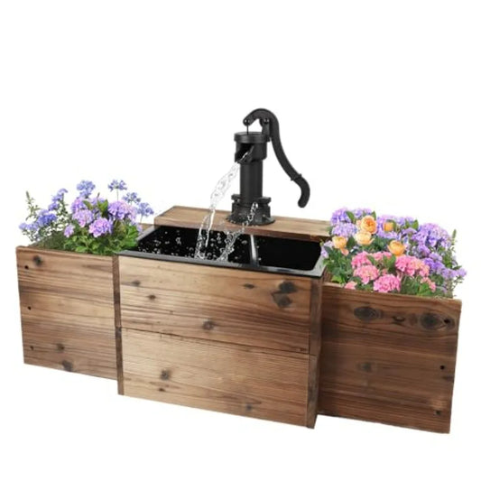 Outdoor Water Fountain With Wooden Floor Pump And Flower Box