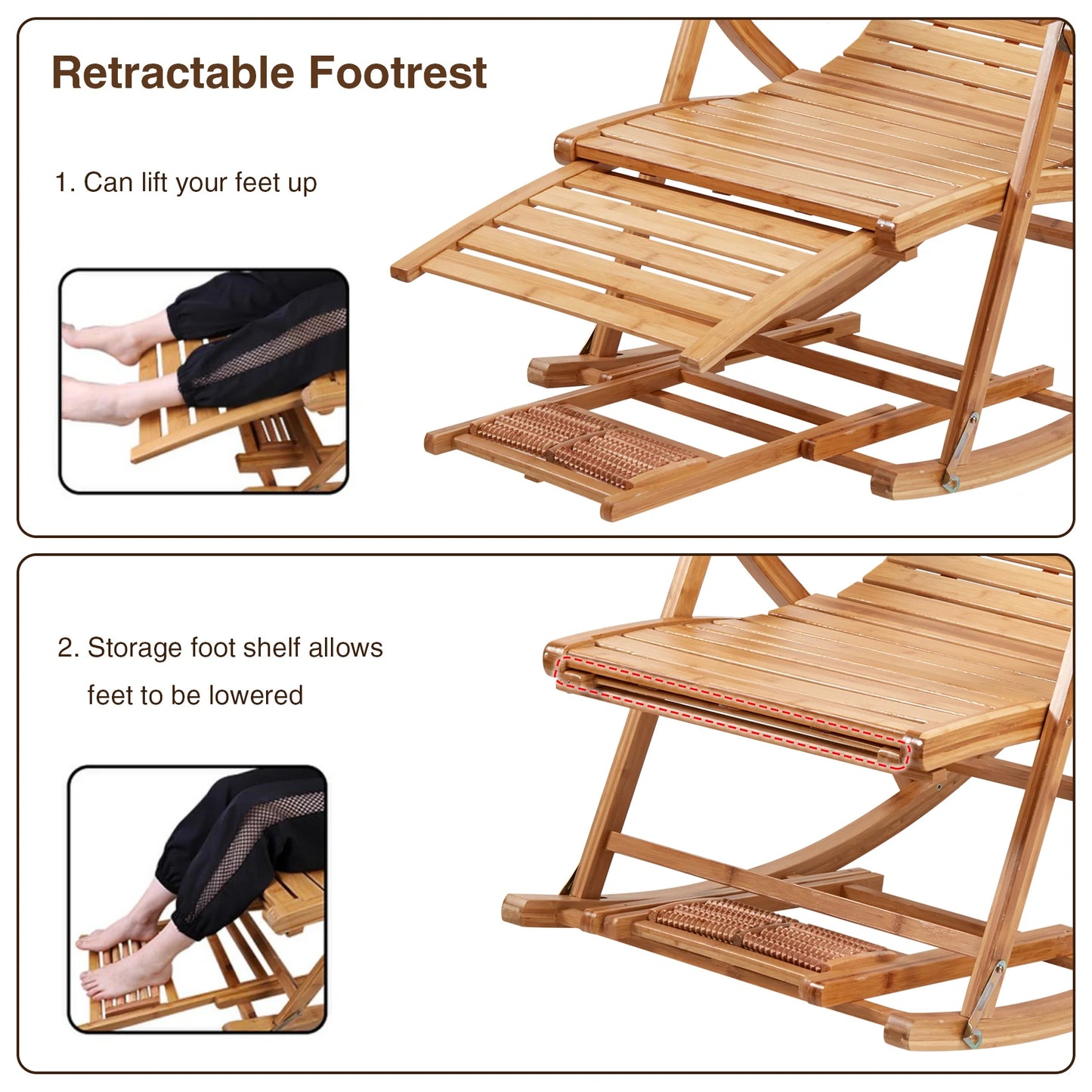 Heavy Duty Folding Rocking Chair Bamboo Outdoor Adjustable Sun Lounger