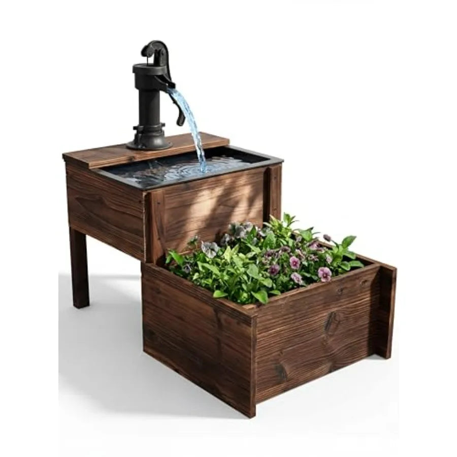 Outdoor Wooden Floor Fountain With Double-Layer Pump And Flower Box