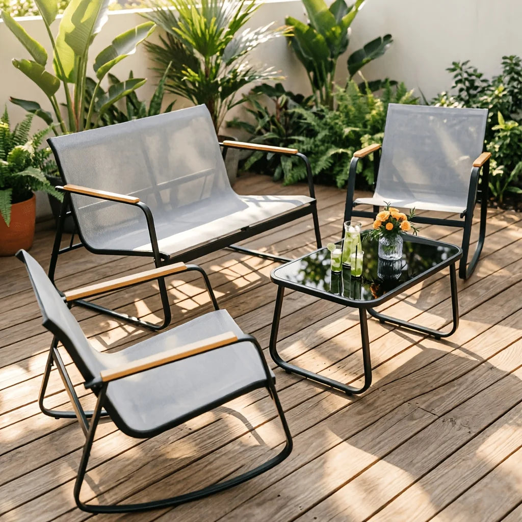 PIYRQ Outdoor Patio Furniture Rattan Conversation Chairs With Glass Table