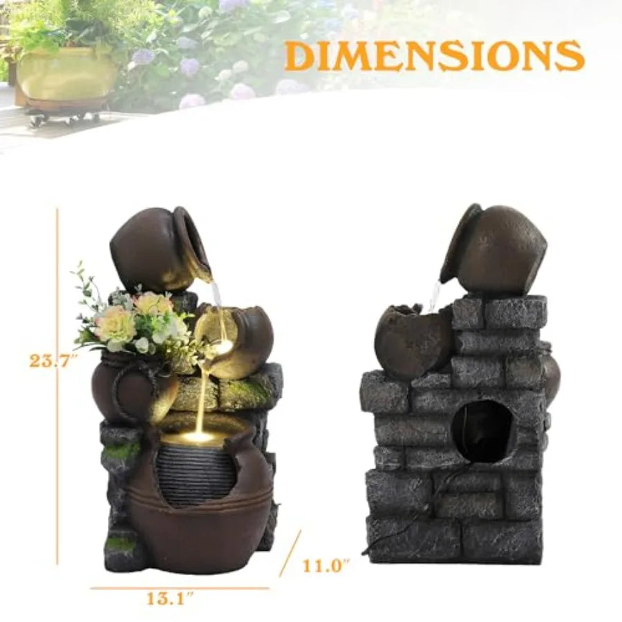 Outdoor Water Fountain with LED Lights and Pump 4-Tier Cascading