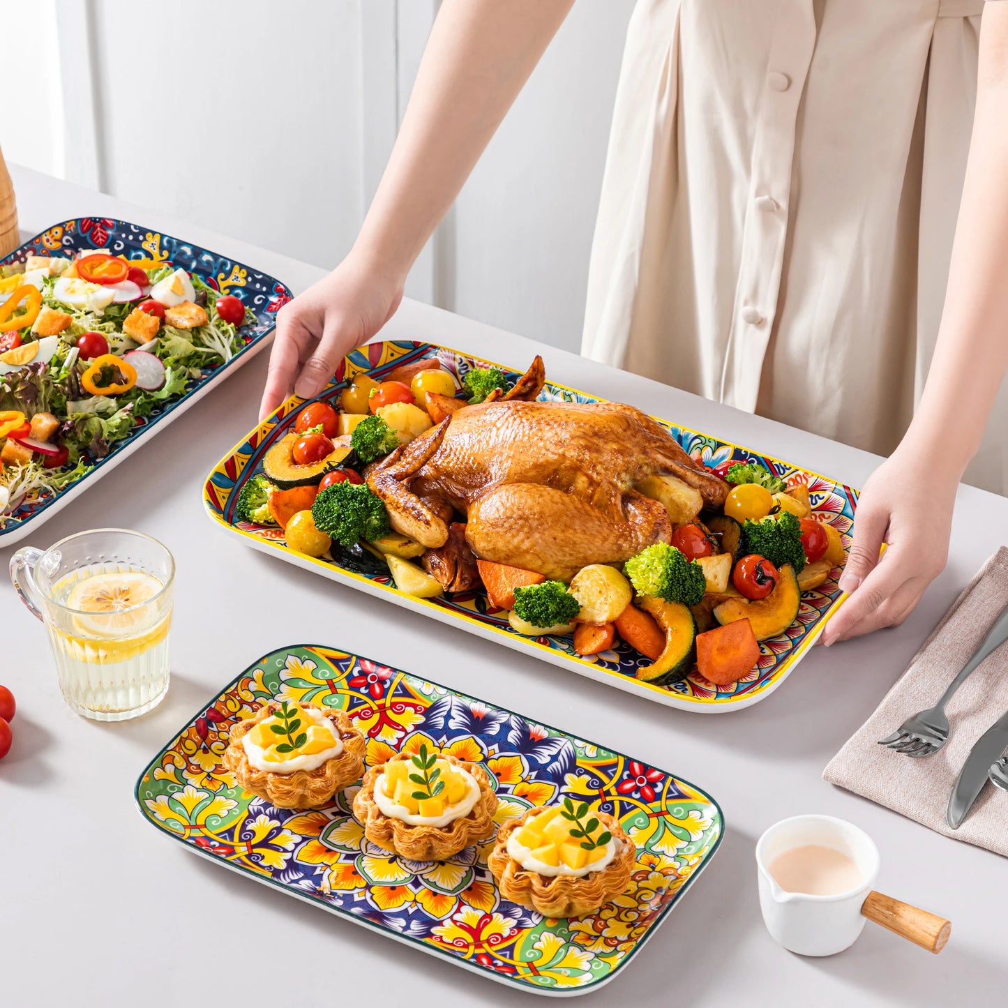 MALACASA Ceramic Rectangular Plates Set For Salad Dessert Oven Safe