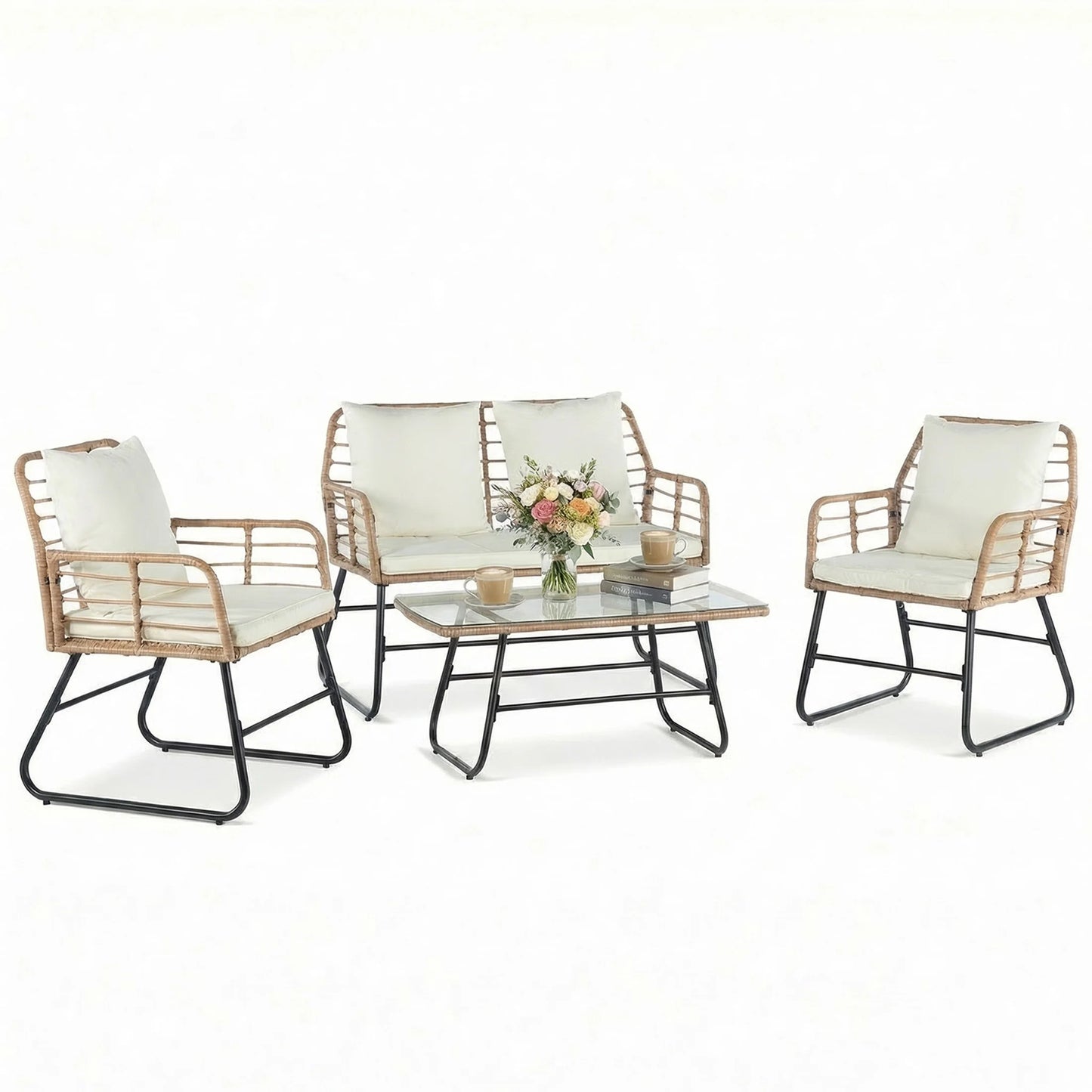 JHK Outdoor Wicker Patio Set 4 Pieces With Glass Table