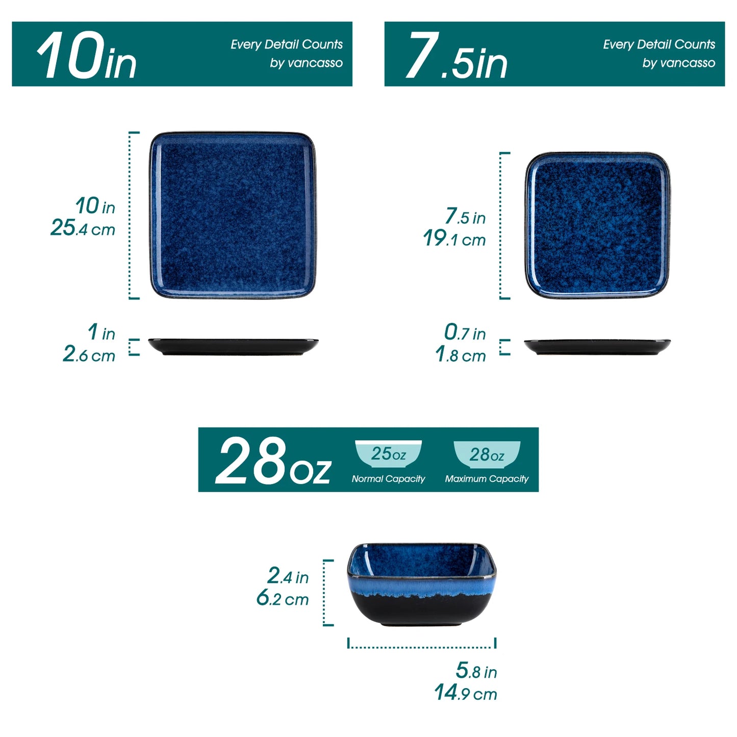 MALACASA Ceramic Dinner Set Square Reactive Glaze Dinnerware