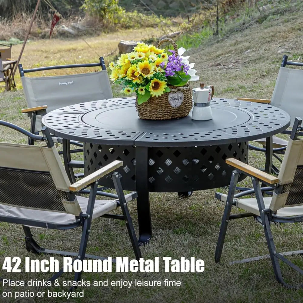 Round Metal Fire Pit With Dual Grills And Wood Burning