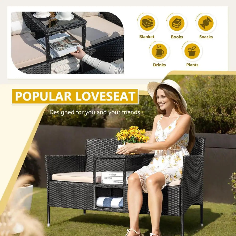 Outdoor Patio Loveseat Set With Cushions And Coffee Table