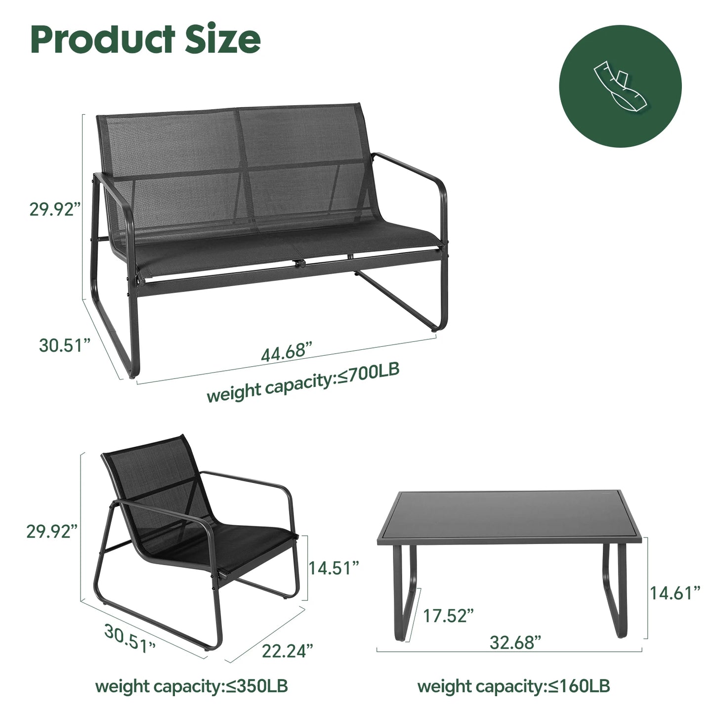 JHK Outdoor Patio Furniture Set With Table And Mesh Back